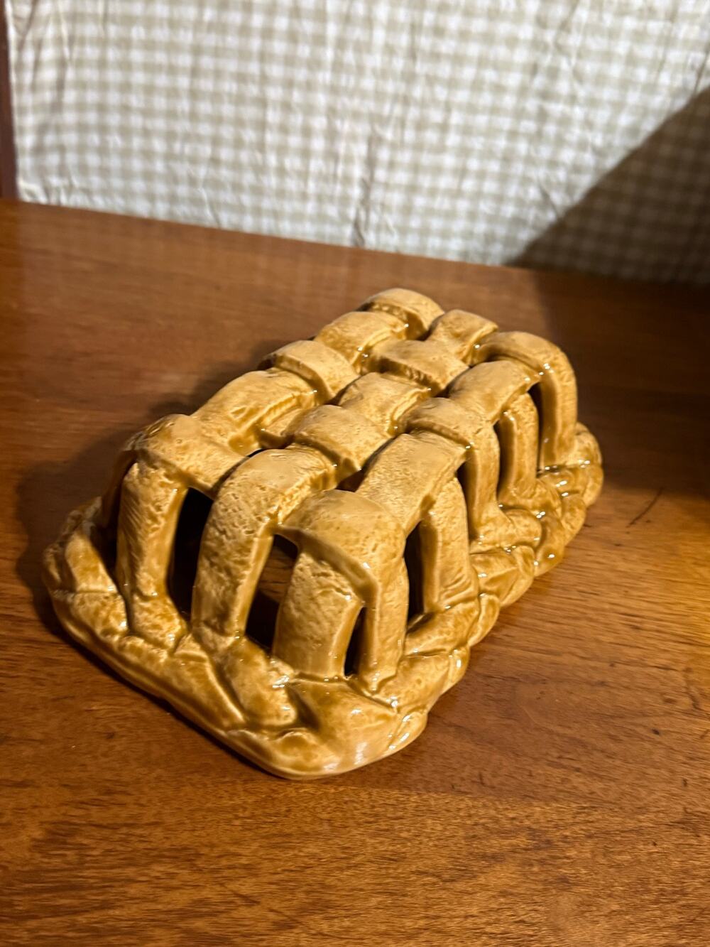Vintage Ceramic Basket Weave Bread Basket Bowl Brown Beige Glazed 1980s